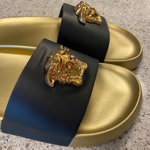VERSACE Black & Gold 'La Medusa' Slides - Picture 5 of 12